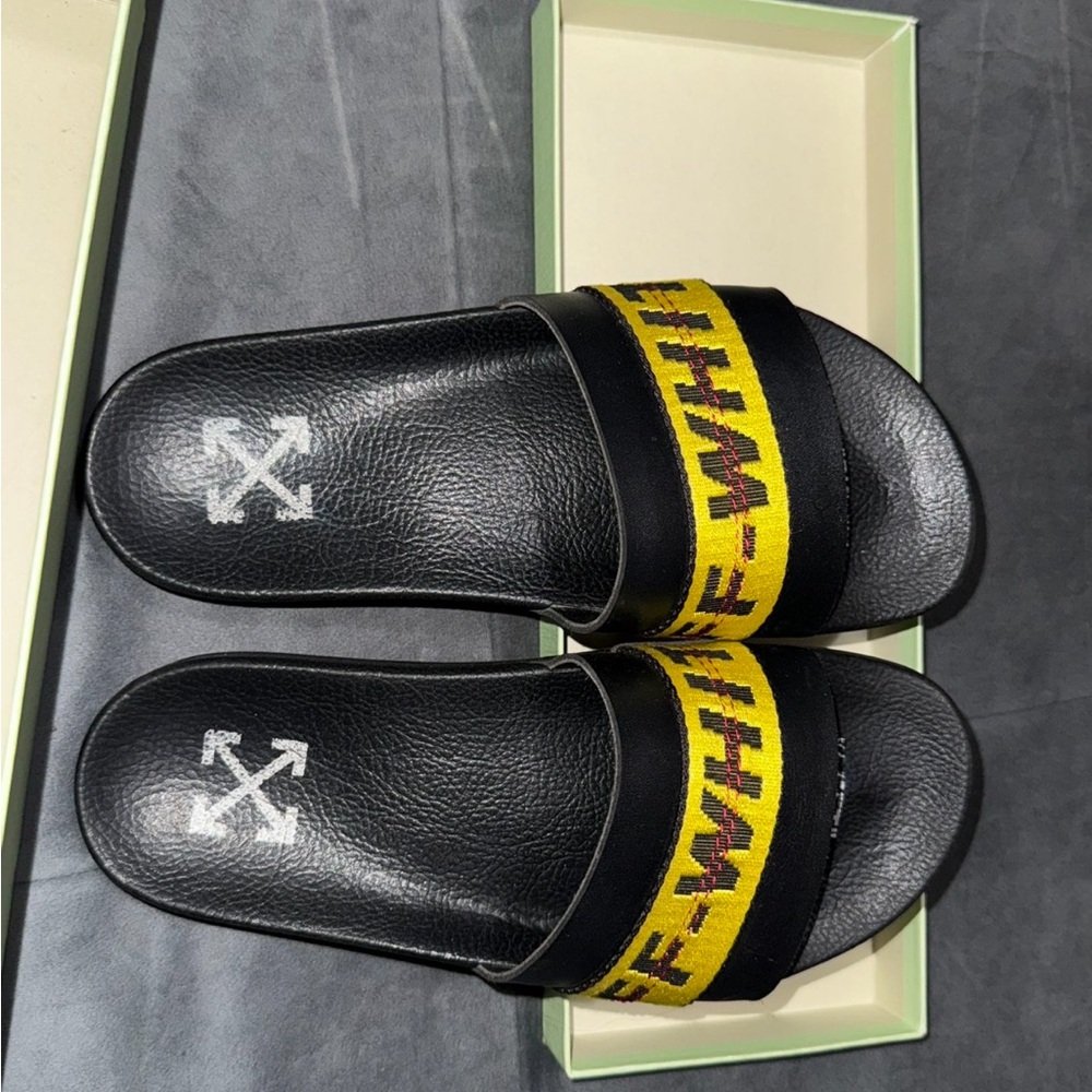 Off-White Black Slides with Yellow Strap